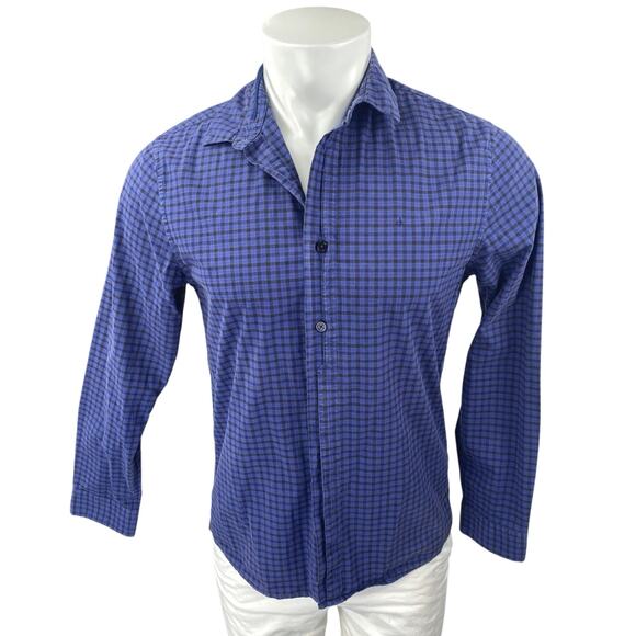 Calvin Klein Men's Blue Checkered Plaid Long Sleeve Slim Button Down Shirt Top S - Picture 1 of 4